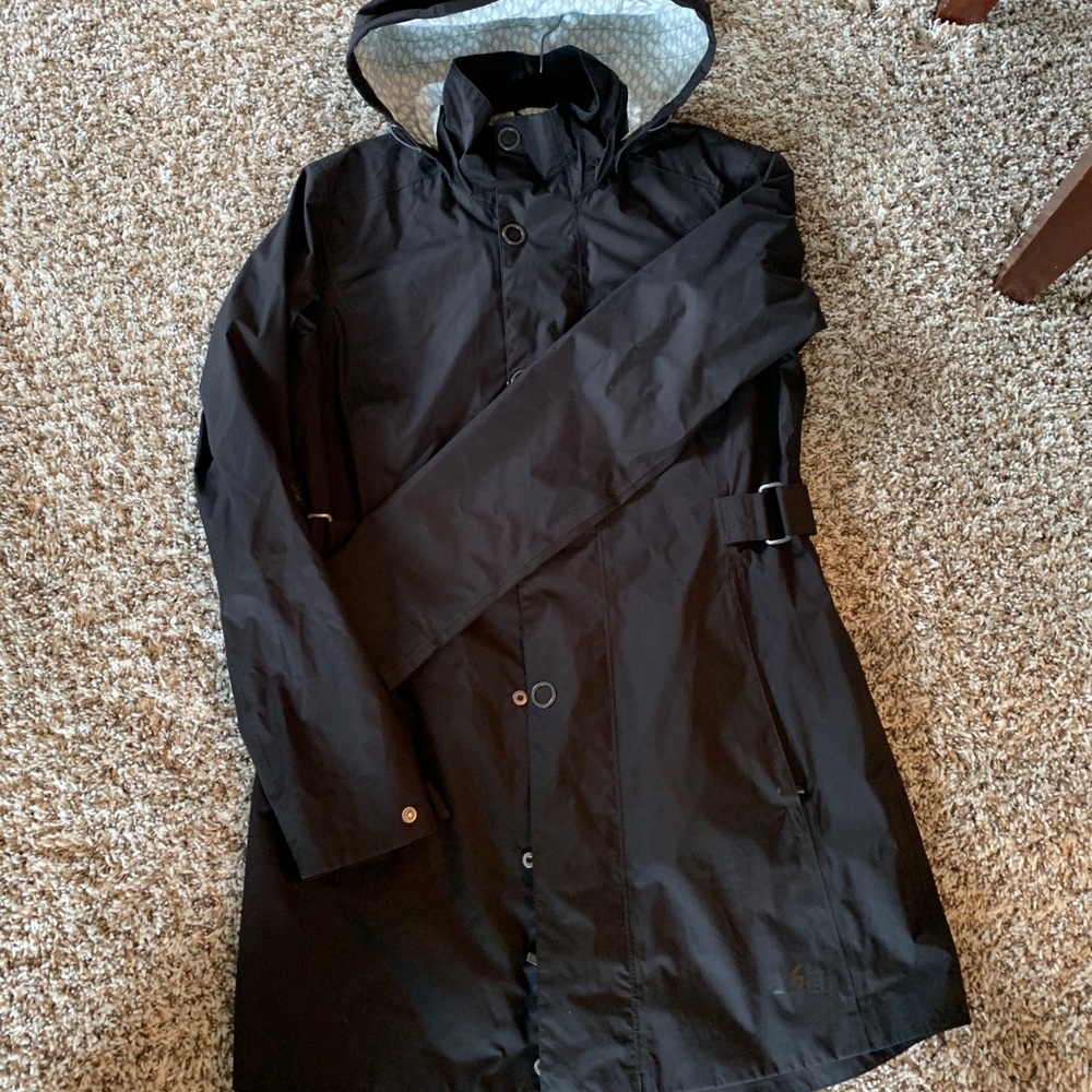 REI black trench style raincoat